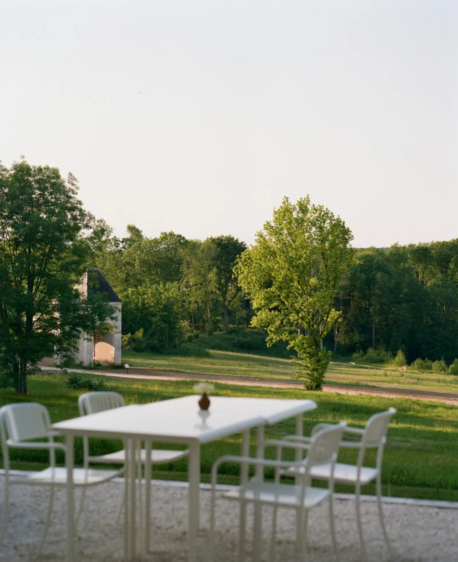 Terrasse extérieure ouverte sur les bois du domaine