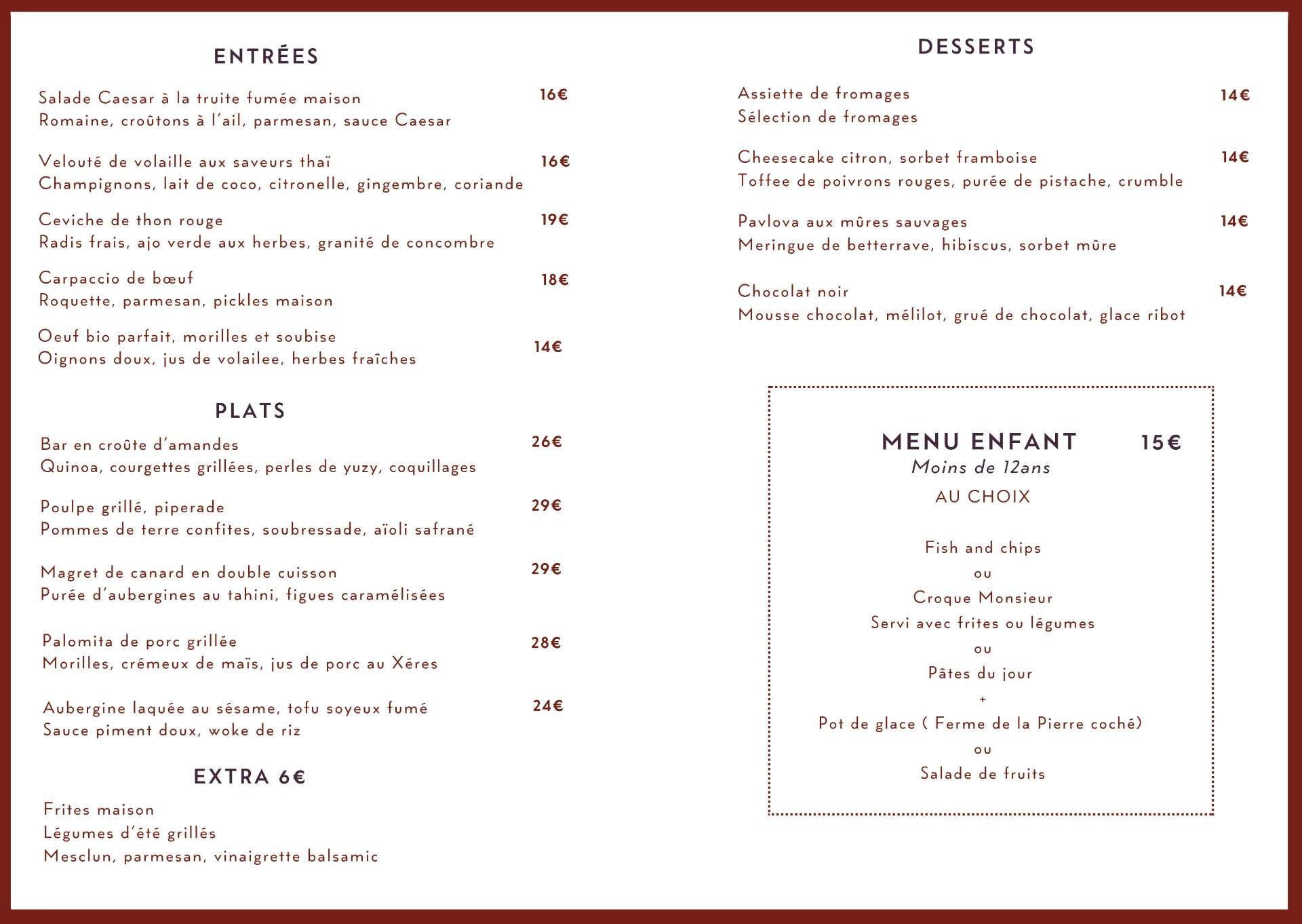 Carte du restaurant — entrées, plats, desserts et menu enfant