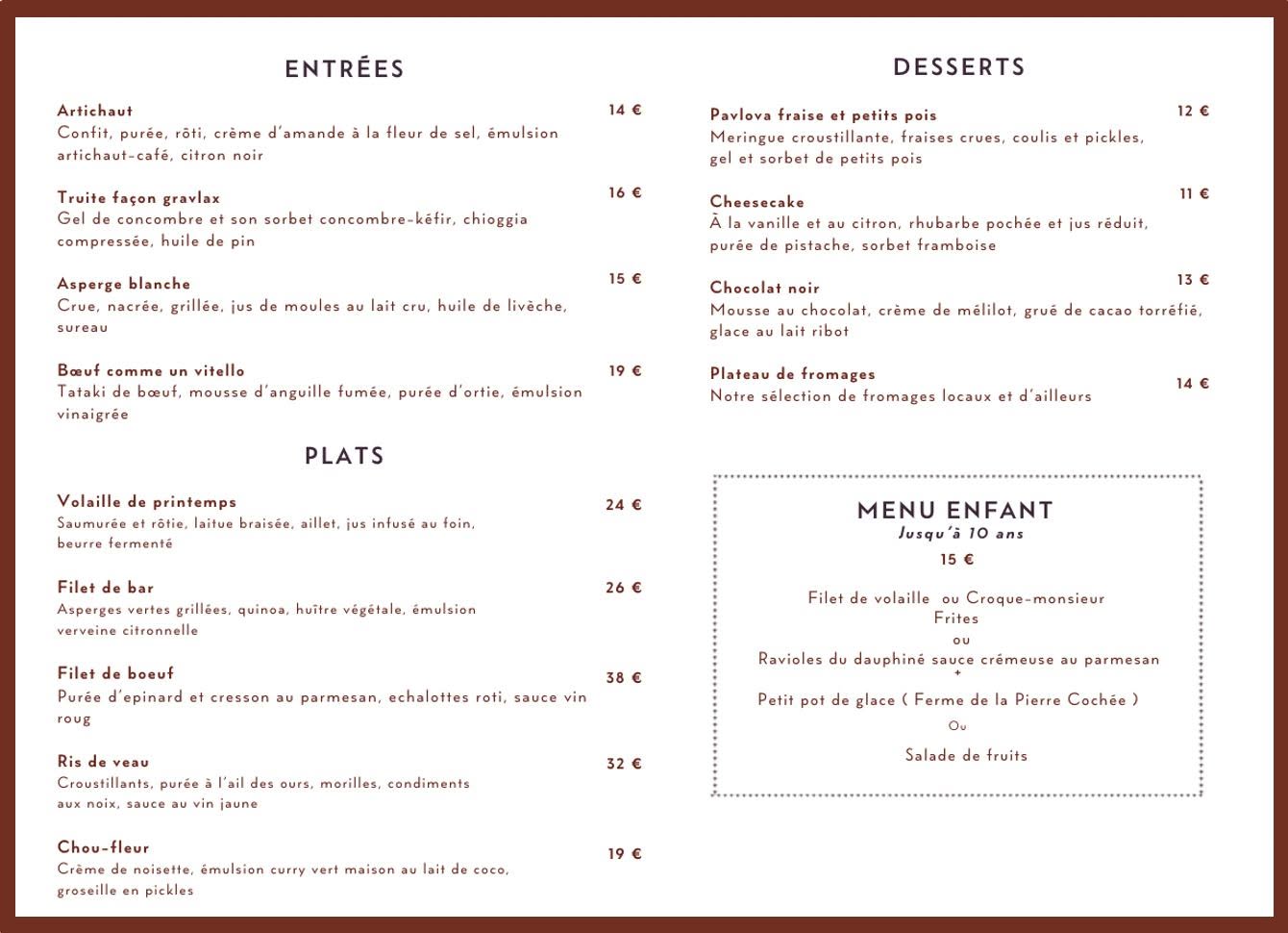 Carte du restaurant — entrées, plats, desserts et menu enfant